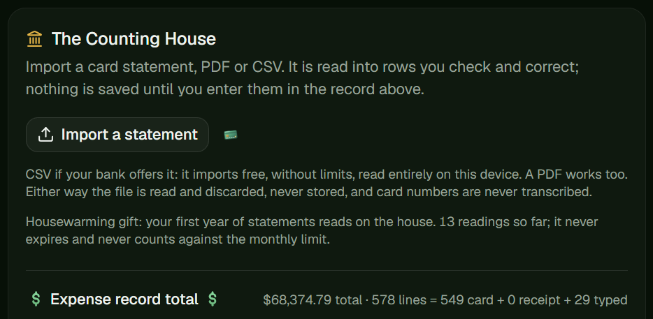 The Counting House panel with an Import a statement button and an expense record total