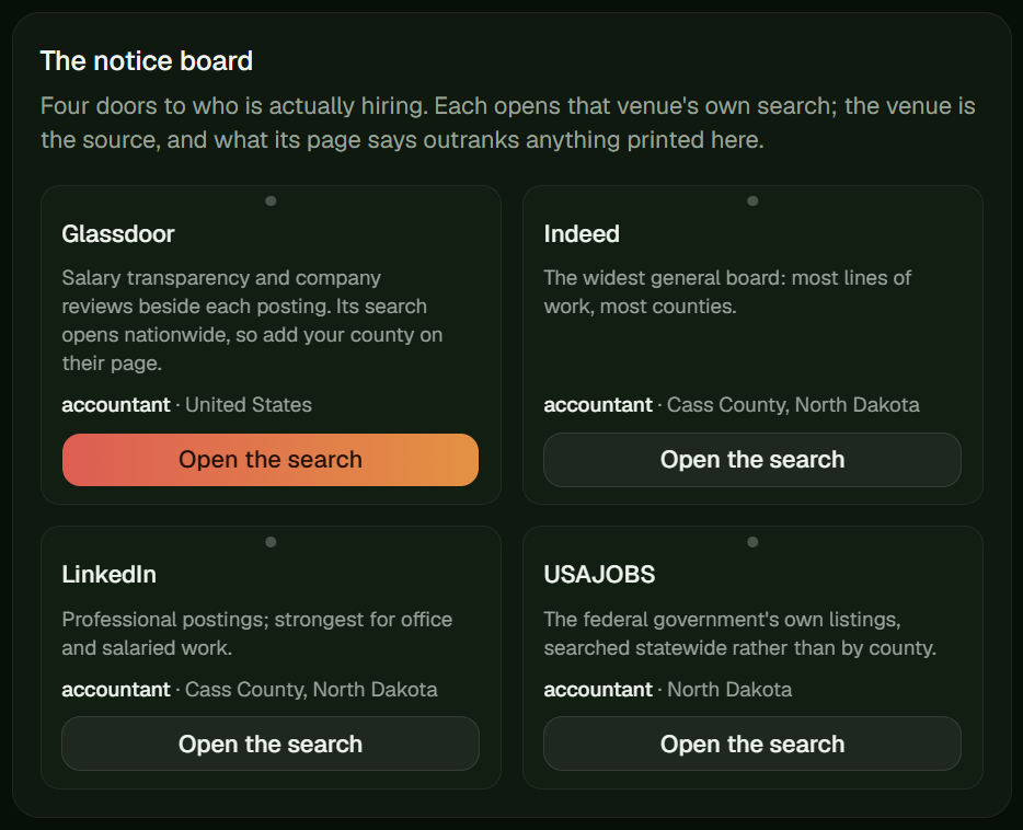 The notice board with Glassdoor, Indeed, LinkedIn and USAJOBS search cards for a county